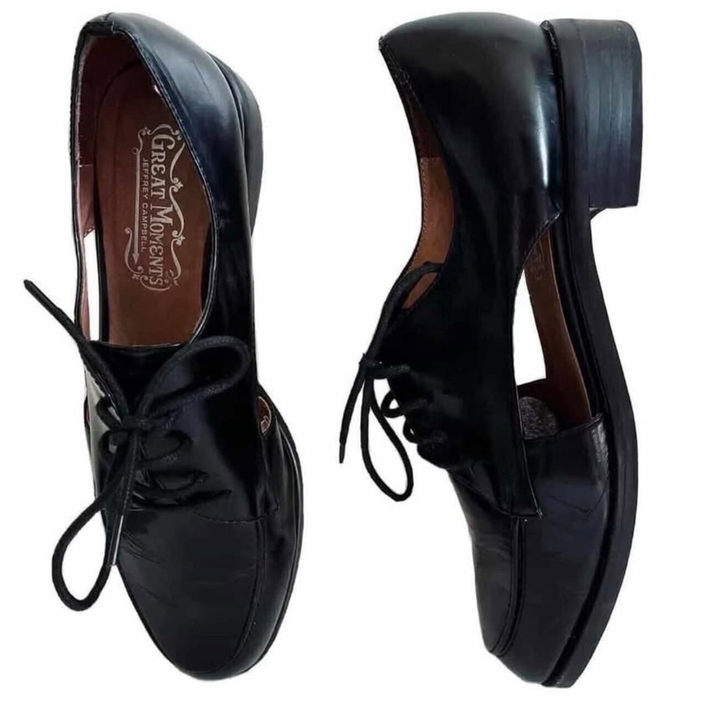 Jeffrey Campbell Black Leather Lace-Up Loafers Shoes With Cut Out Detail Preppy